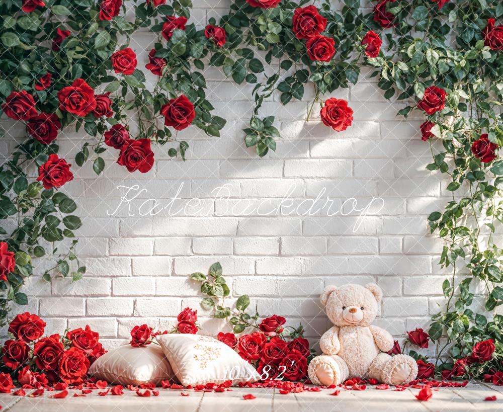 Kate Mur de briques Roses Ours en peluche Toile de fond conçue par Emetselch - Kate Backdrop FR