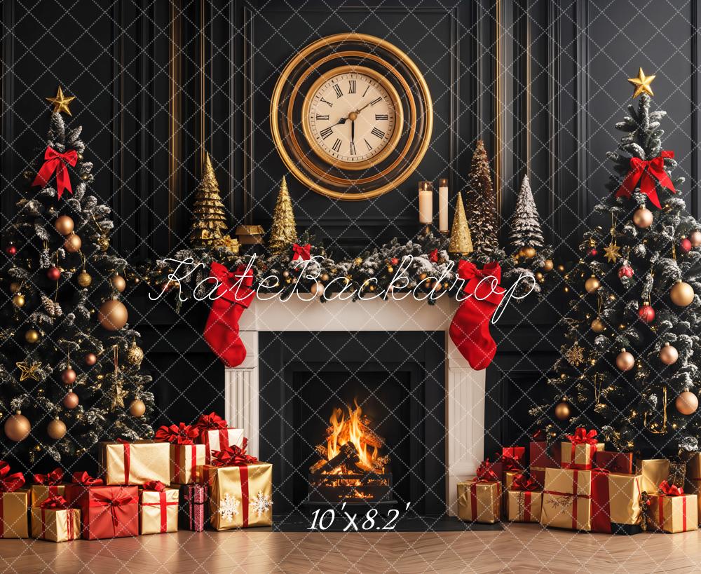 Kate Sapin de Noël Cheminée Horloge Mur Rétro Toile de fond conçue par Emetselch - Kate Backdrop FR