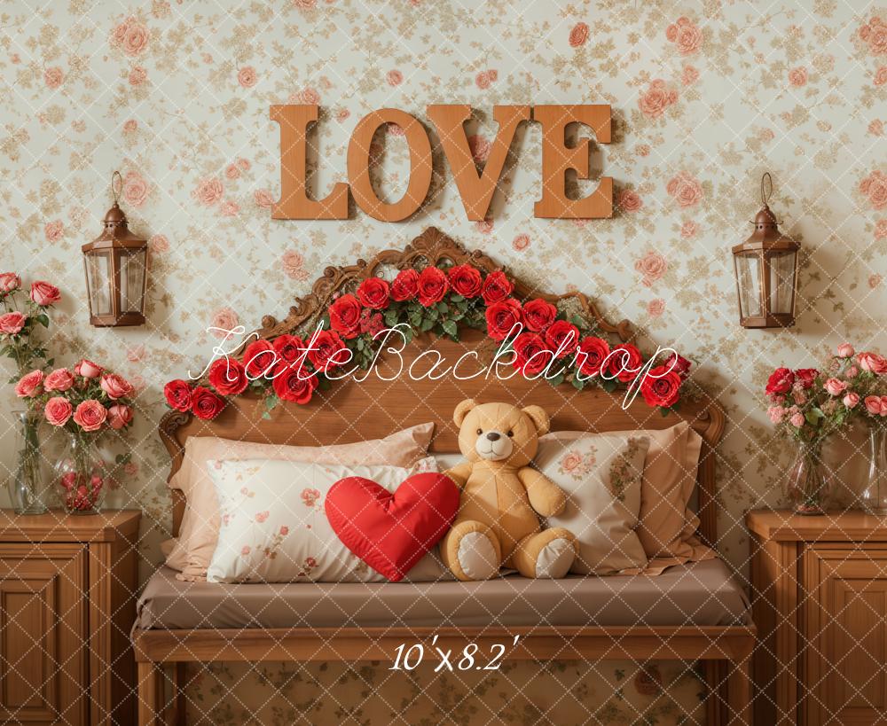 Kate Saint Valentin Fleurs Ours en peluche Lit Toile de fond conçue par Emetselch - Kate Backdrop FR