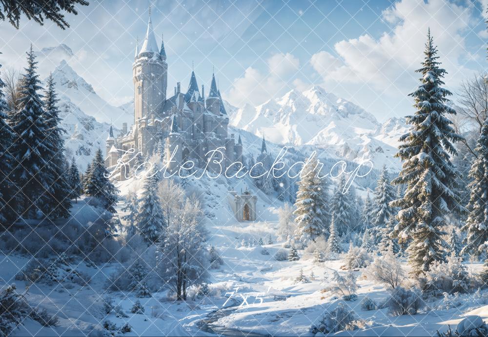 Kate Hiver Forêt Château Neige Montagne Toile de fond conçue par Emetselch - Kate Backdrop FR