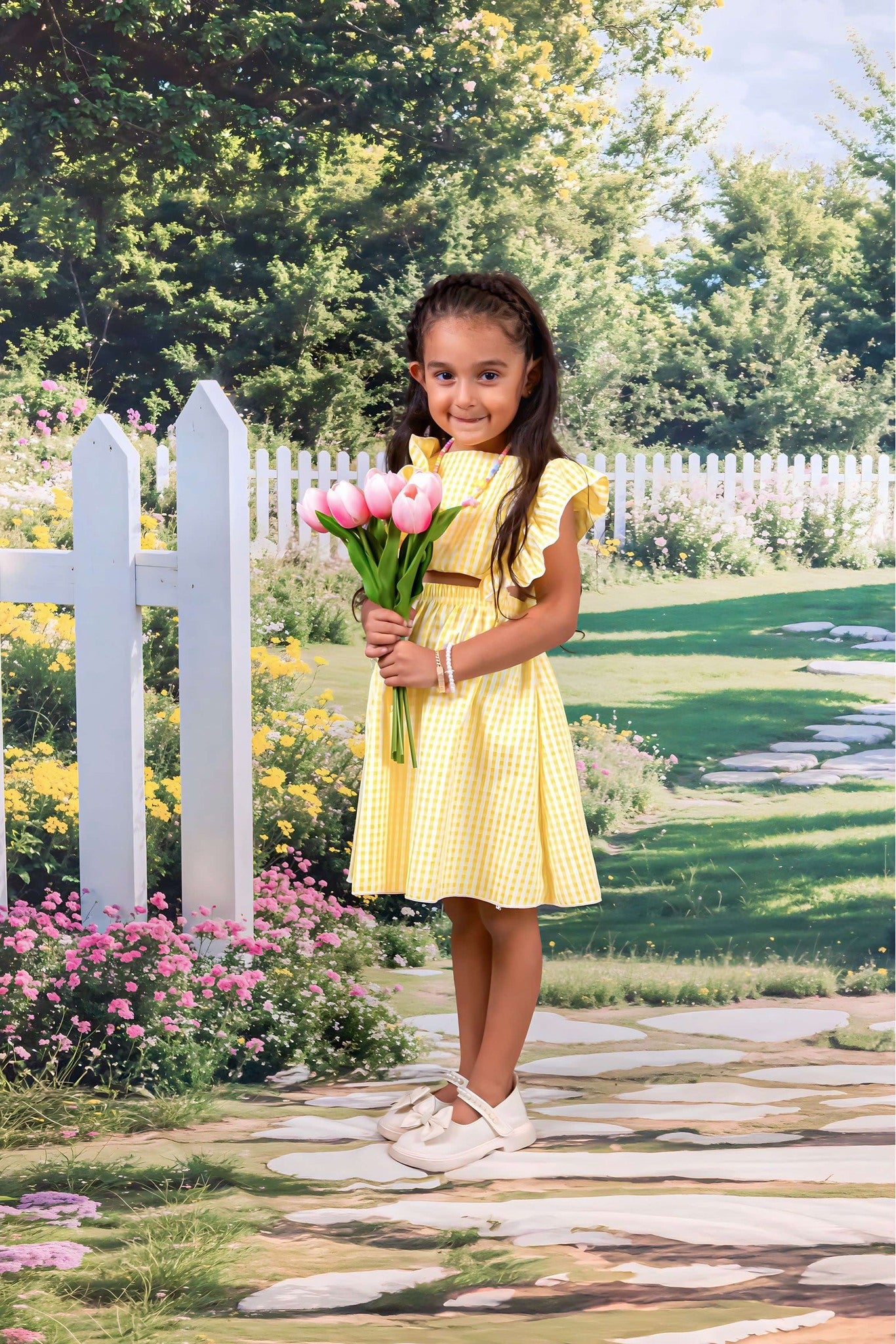 Kate Printemps Jardin Chemin Clôture blanche Toile de fond+Pierre Allée Floral Sol Toile de fond - Kate Backdrop FR