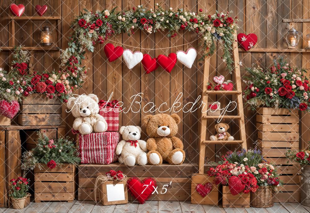 Kate Saint Valentin Ours en peluche Fleurs Bois Toile de fond conçue par Emetselch - Kate Backdrop FR