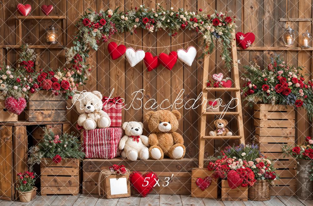 Kate Saint Valentin Ours en peluche Fleurs Bois Toile de fond conçue par Emetselch - Kate Backdrop FR