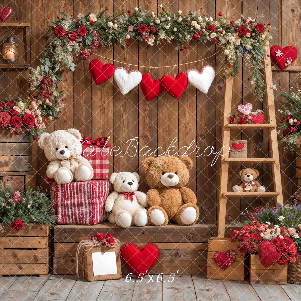 Kate Saint Valentin Ours en peluche Fleurs Bois Toile de fond conçue par Emetselch - Kate Backdrop FR