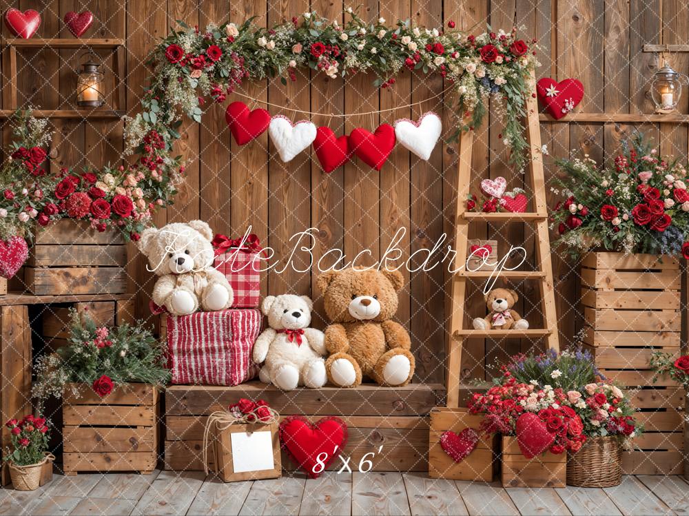 Kate Saint Valentin Ours en peluche Fleurs Bois Toile de fond conçue par Emetselch - Kate Backdrop FR