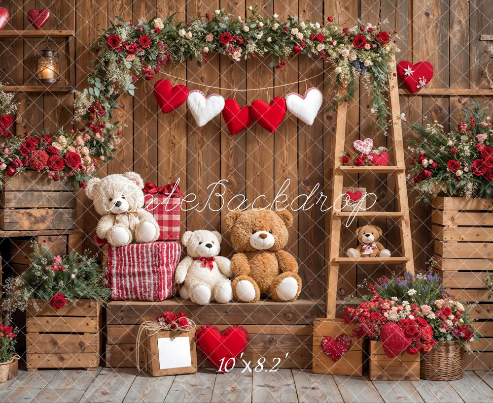 Kate Saint Valentin Ours en peluche Fleurs Bois Toile de fond conçue par Emetselch - Kate Backdrop FR