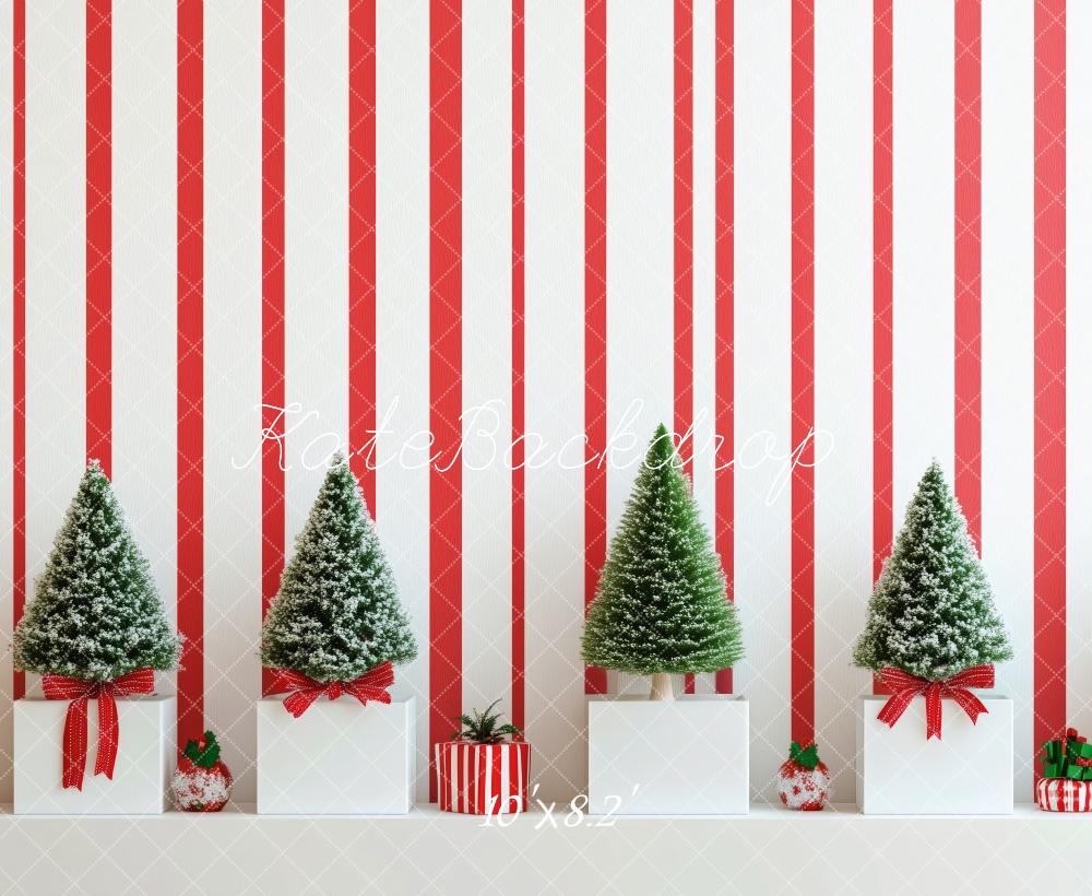 Kate Mur rayé Rouge Mini Sapins de Noël Toile de fond conçue par Patty Robert - Kate Backdrop FR