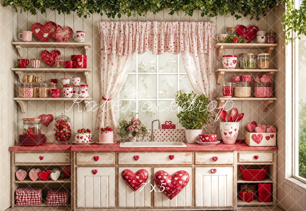 Kate Saint Valentin Cuisine Rouge Cœur Assiettes Toile de fond conçue par Emetselch - Kate Backdrop FR