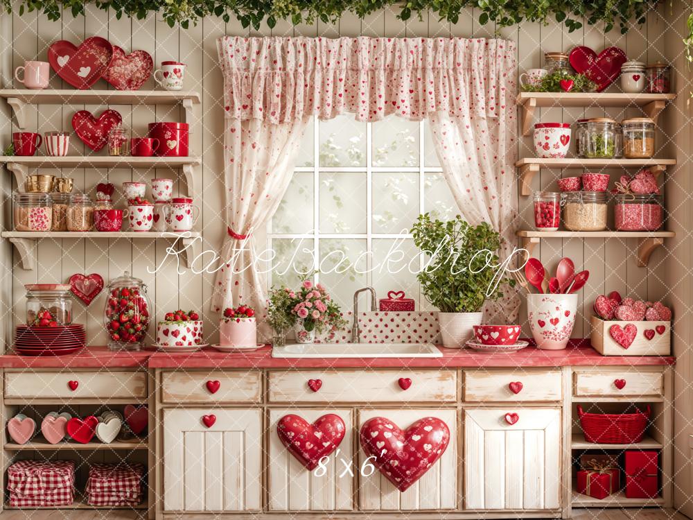 Kate Saint Valentin Cuisine Rouge Cœur Assiettes Toile de fond conçue par Emetselch - Kate Backdrop FR