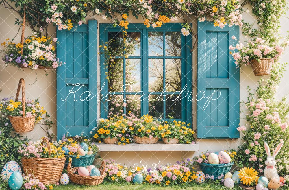 PROMO Kate Pâques Lapin Fleurs Fenêtre Bleu Toile de fond conçue par Emetselch - Kate Backdrop FR