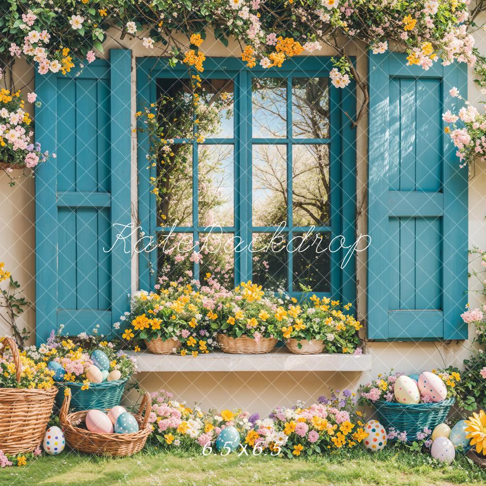 PROMO Kate Pâques Lapin Fleurs Fenêtre Bleu Toile de fond conçue par Emetselch - Kate Backdrop FR
