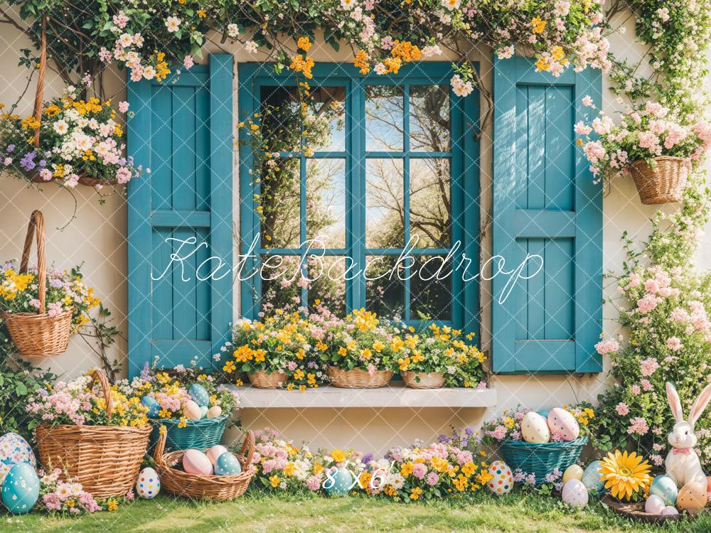PROMO Kate Pâques Lapin Fleurs Fenêtre Bleu Toile de fond conçue par Emetselch - Kate Backdrop FR