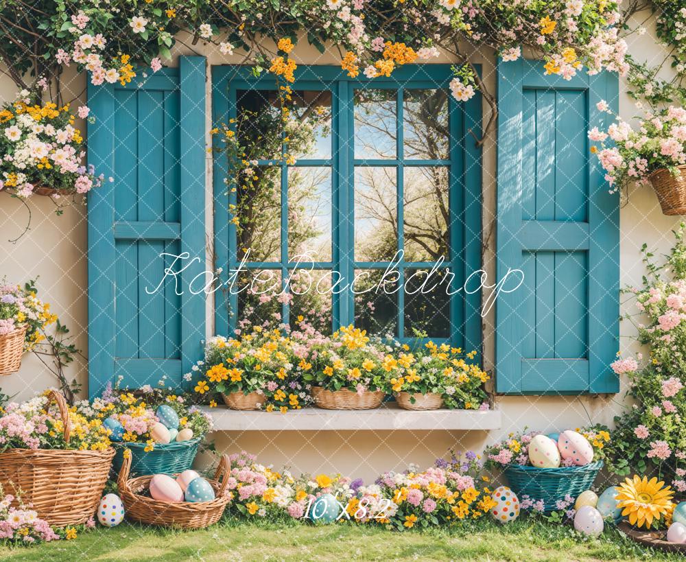 PROMO Kate Pâques Lapin Fleurs Fenêtre Bleu Toile de fond conçue par Emetselch - Kate Backdrop FR