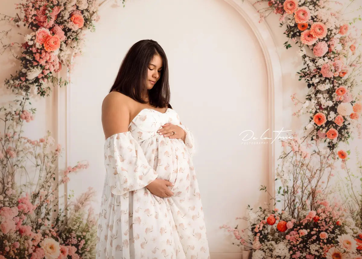 Kate Mousseline Fleur Imprimée Blanc Robe de Grossesse pour Séance Photo - Kate Backdrop FR