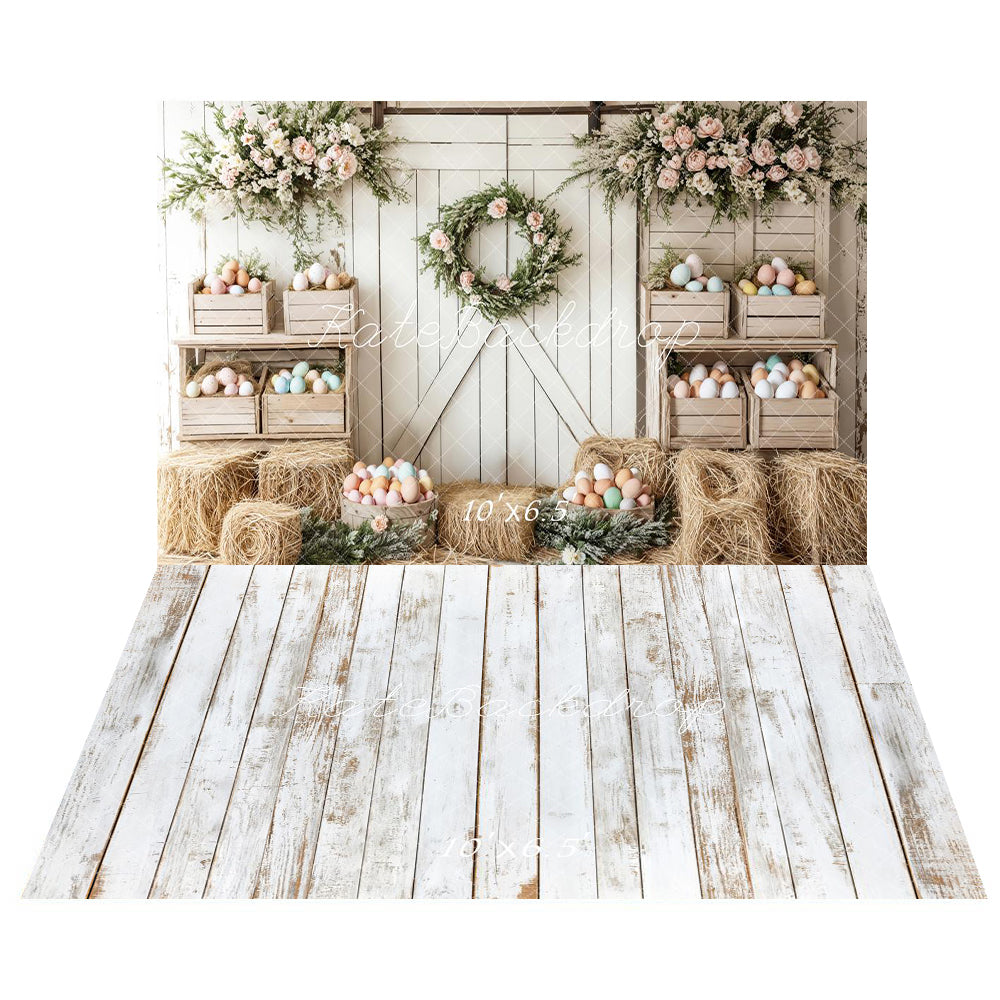 Kate Pâques Floral Œufs Ferme Porte Toile de fond+Blanc Rétro Parquet Bois Sol Toile de fond - Kate Backdrop FR