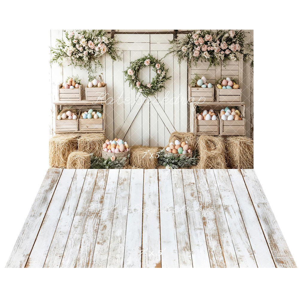 Kate Pâques Floral Œufs Ferme Porte Toile de fond+Blanc Rétro Parquet Bois Sol Toile de fond - Kate Backdrop FR