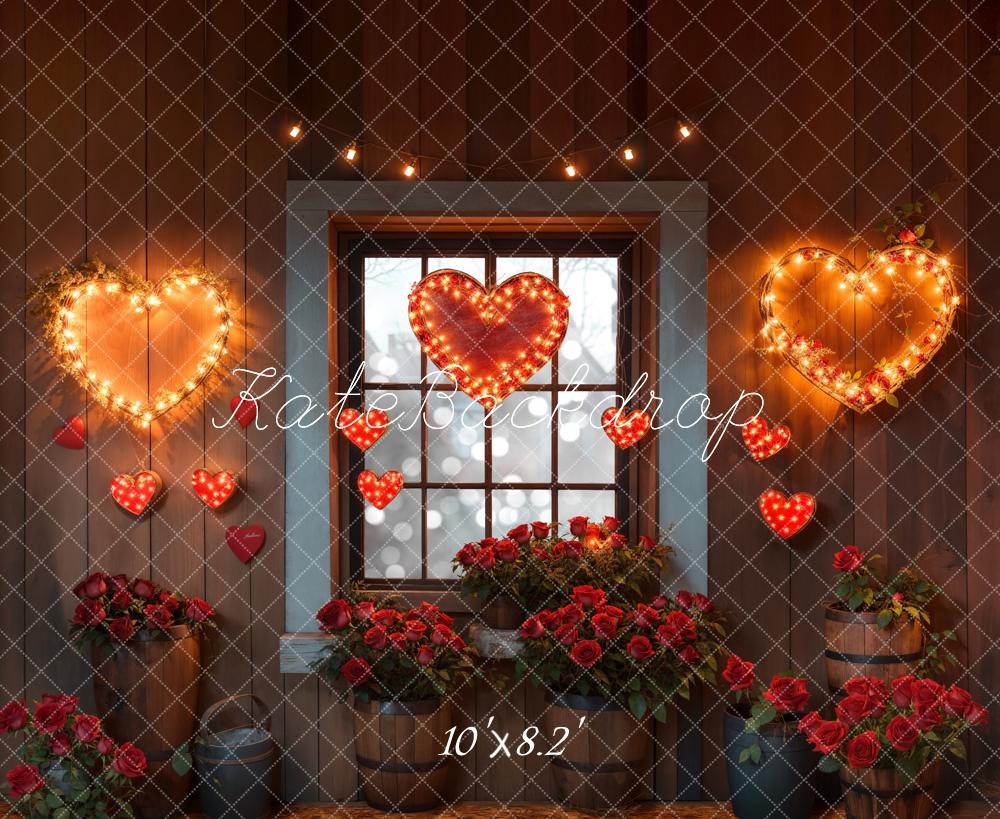 Kate Saint Valentin Cœur Lumières Roses Fenêtre Toile de fond conçue par Emetselch - Kate Backdrop FR