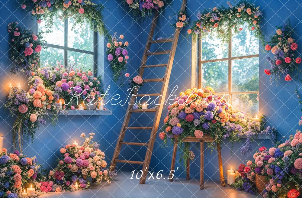 Kate Printemps Intérieur Bleu Fleurs Échelle Toile de fond conçue par Emetselch - Kate Backdrop FR