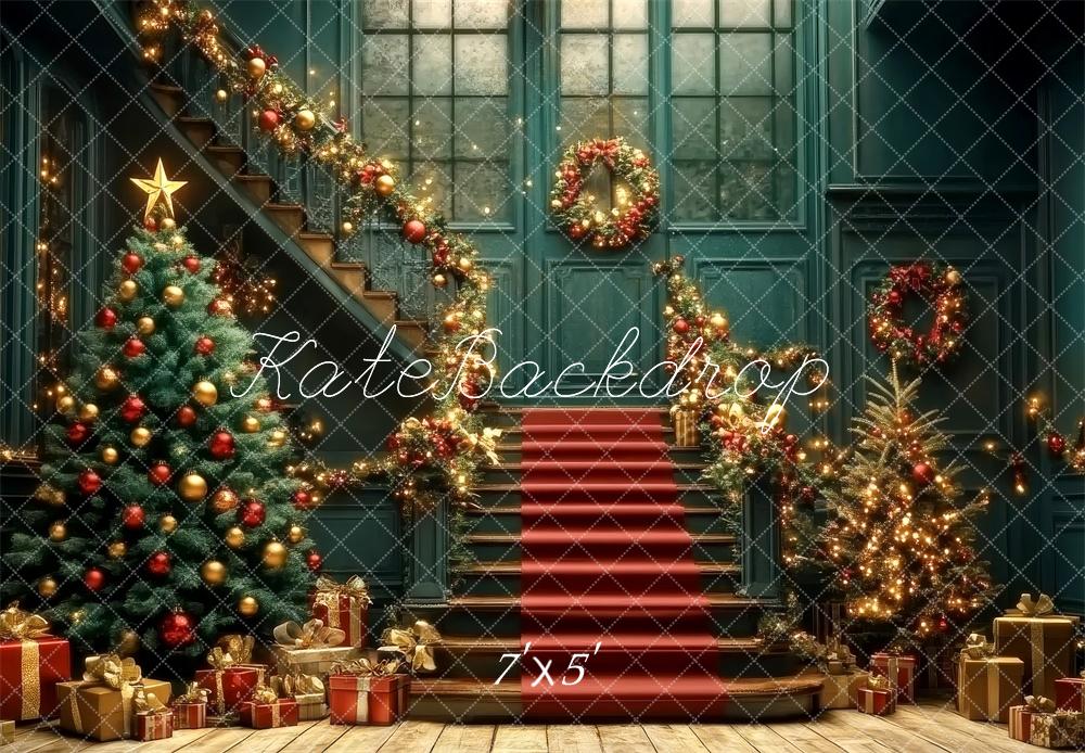 Kate Nostalgique Noël Escalier Cadeaux Doré Toile de fond conçue par Lidia Redekopp - Kate Backdrop FR