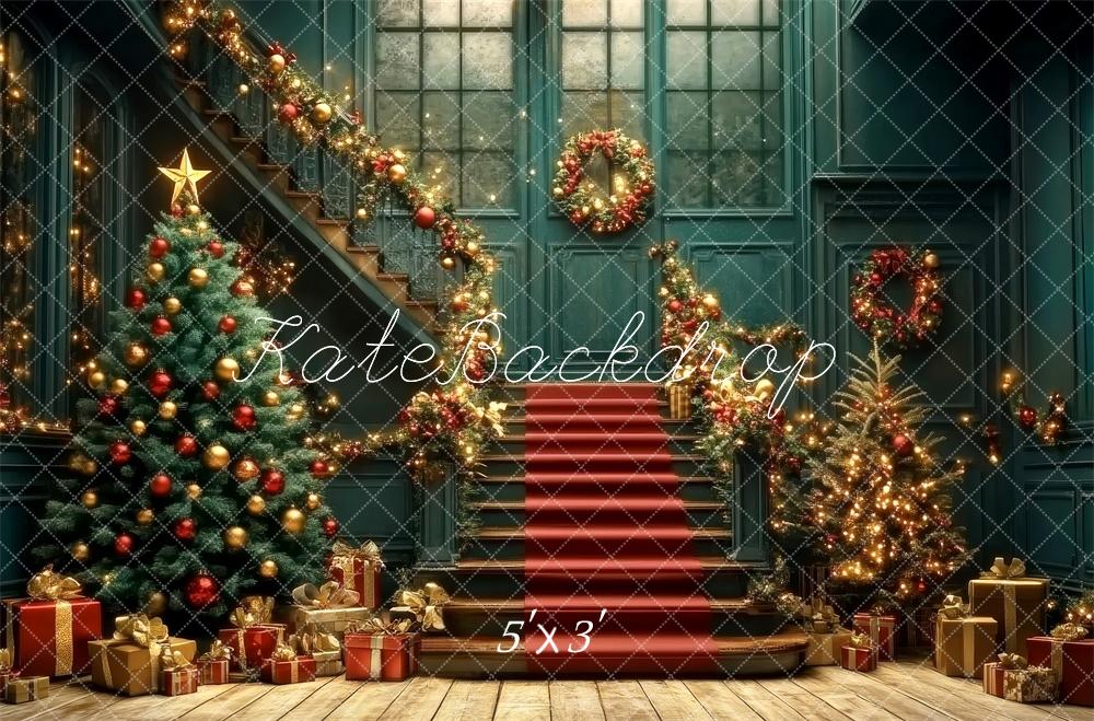 Kate Nostalgique Noël Escalier Cadeaux Doré Toile de fond conçue par Lidia Redekopp - Kate Backdrop FR