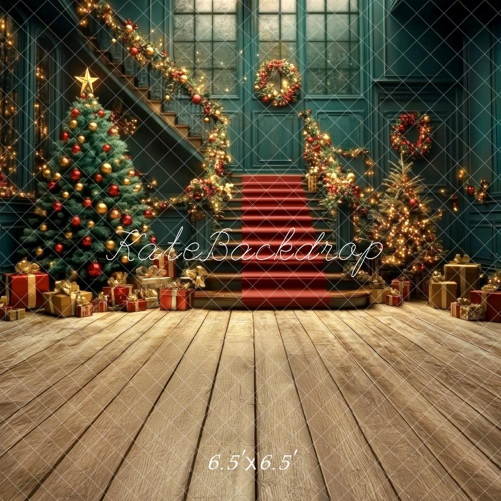 Kate Nostalgique Noël Escalier Cadeaux Doré Toile de fond conçue par Lidia Redekopp - Kate Backdrop FR