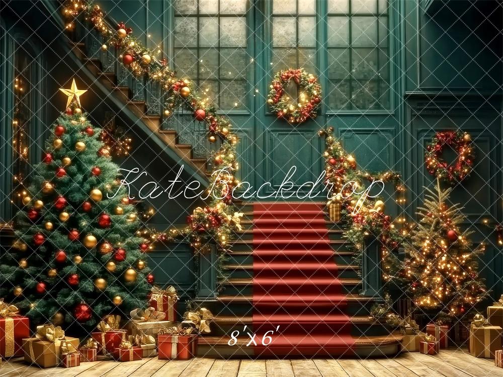 Kate Nostalgique Noël Escalier Cadeaux Doré Toile de fond conçue par Lidia Redekopp - Kate Backdrop FR