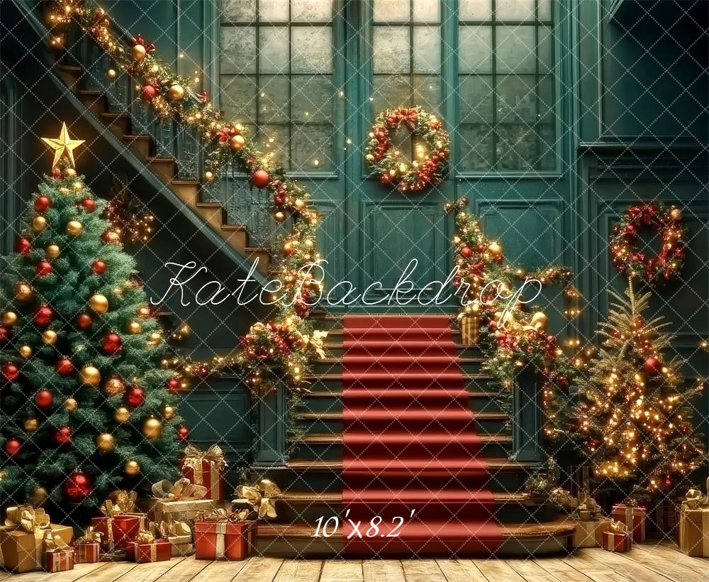 Kate Nostalgique Noël Escalier Cadeaux Doré Toile de fond conçue par Lidia Redekopp - Kate Backdrop FR