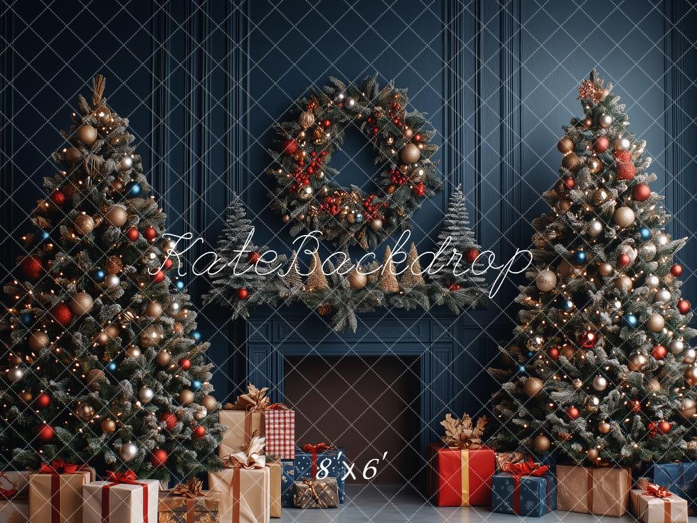 Kate Sapin de Noël Bleu Cheminée Cadeaux Toile de fond conçue par Patty Robert - Kate Backdrop FR