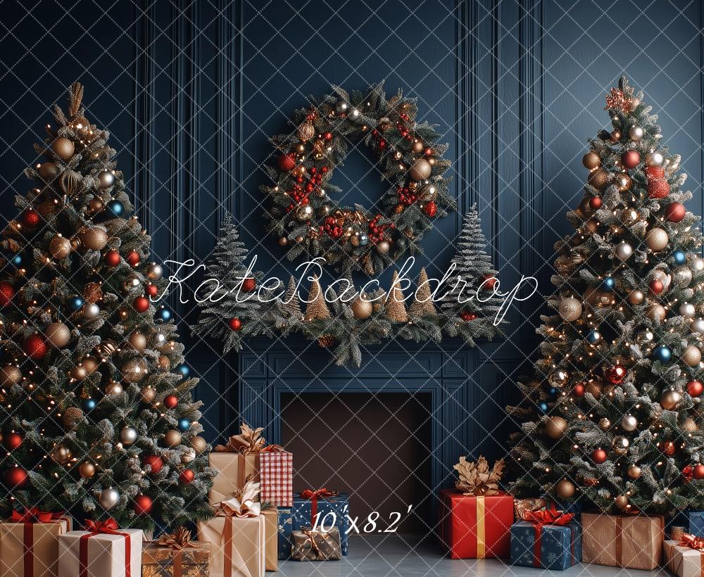 Kate Sapin de Noël Bleu Cheminée Cadeaux Toile de fond conçue par Patty Robert - Kate Backdrop FR