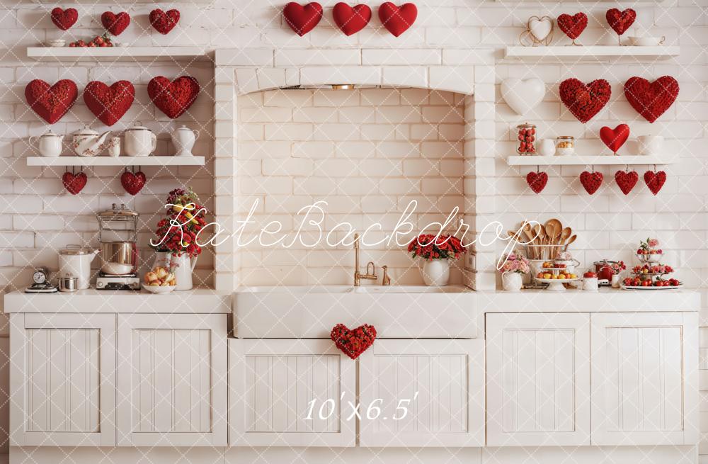 Kate Saint-Valentin Cuisine Armoires Mur de briques Toile de fond conçue par Emetselch - Kate Backdrop FR