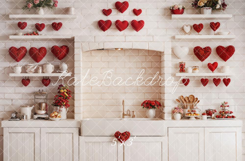 Kate Saint-Valentin Cuisine Armoires Mur de briques Toile de fond conçue par Emetselch - Kate Backdrop FR