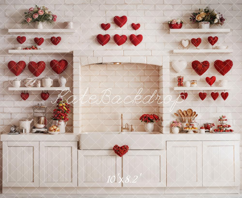 Kate Saint-Valentin Cuisine Armoires Mur de briques Toile de fond conçue par Emetselch - Kate Backdrop FR