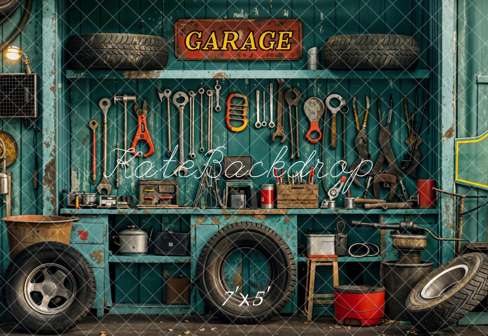 Kate Industriel Vintage Garage Outils Pneu Toile de fond conçue par Emetselch - Kate Backdrop FR