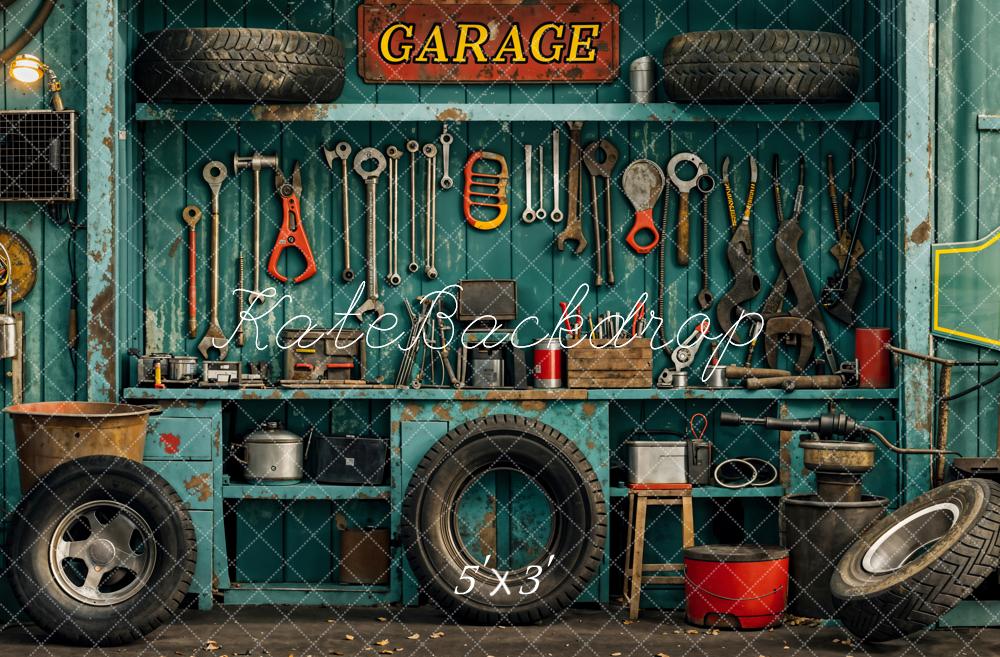 Kate Industriel Vintage Garage Outils Pneu Toile de fond conçue par Emetselch - Kate Backdrop FR