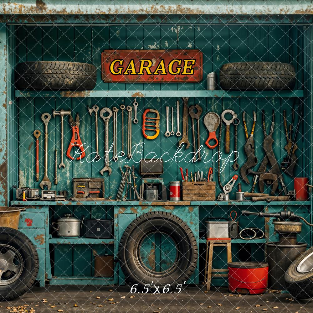 Kate Industriel Vintage Garage Outils Pneu Toile de fond conçue par Emetselch - Kate Backdrop FR