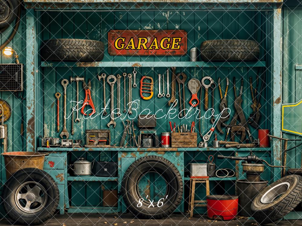 Kate Industriel Vintage Garage Outils Pneu Toile de fond conçue par Emetselch - Kate Backdrop FR