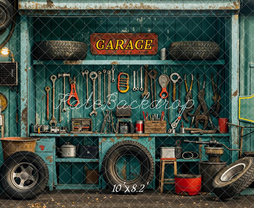 Kate Industriel Vintage Garage Outils Pneu Toile de fond conçue par Emetselch - Kate Backdrop FR