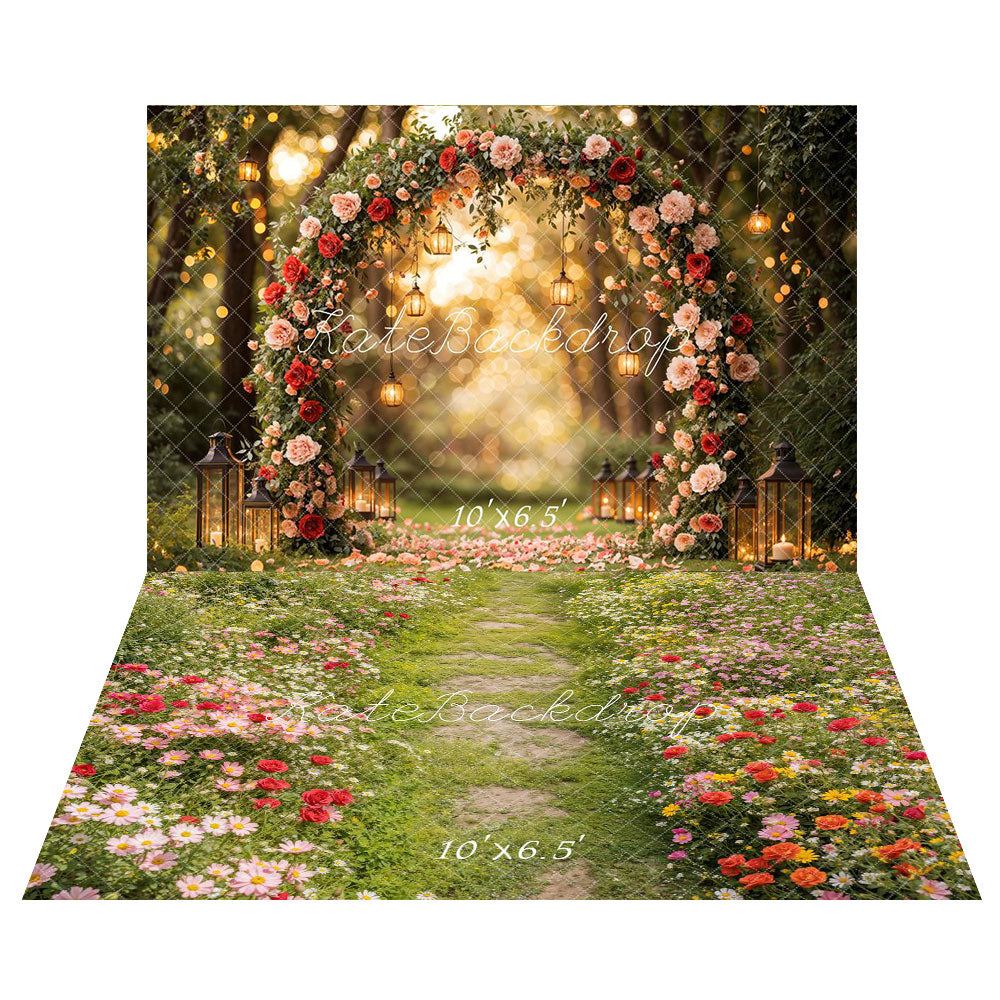 Kate Saint Valentin Arche de Fleurs Mariage Toile de fond+Fleurs Allée Herbe Sol Toile de fond - Kate Backdrop FR