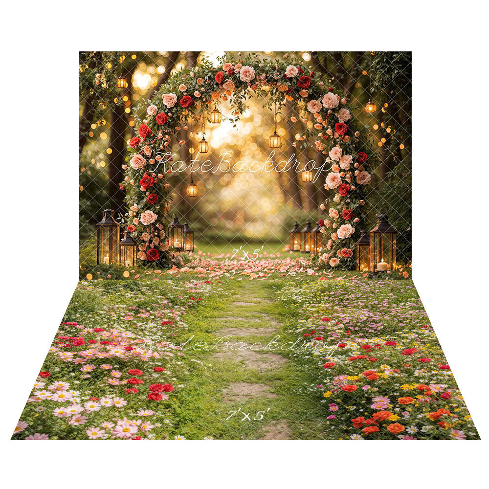Kate Saint Valentin Arche de Fleurs Mariage Toile de fond+Fleurs Allée Herbe Sol Toile de fond - Kate Backdrop FR