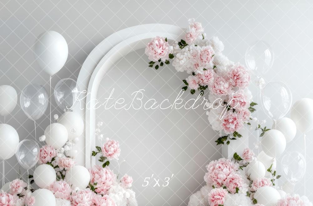 Kate Printemps Fleurs Arche Blanc Ballons Toile de fond conçue par Lidia Redekopp - Kate Backdrop FR
