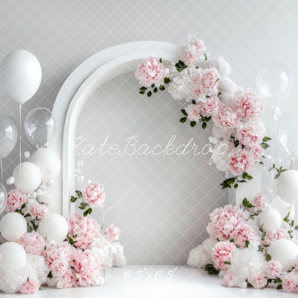 Kate Printemps Fleurs Arche Blanc Ballons Toile de fond conçue par Lidia Redekopp - Kate Backdrop FR