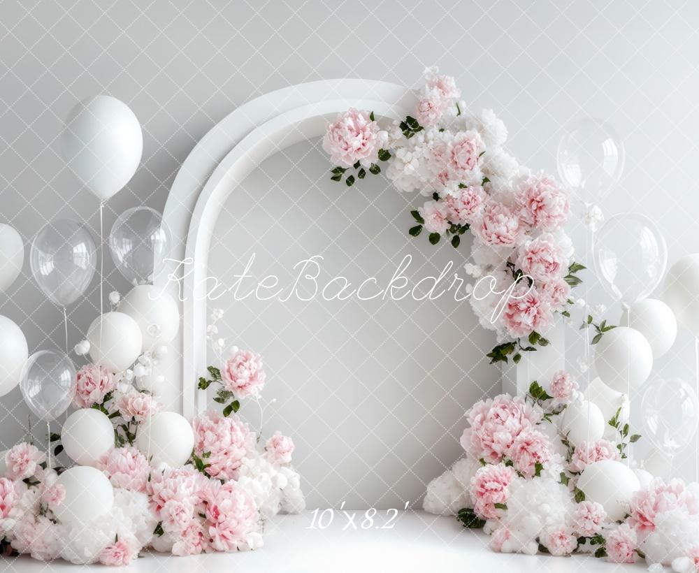 Kate Printemps Fleurs Arche Blanc Ballons Toile de fond conçue par Lidia Redekopp - Kate Backdrop FR