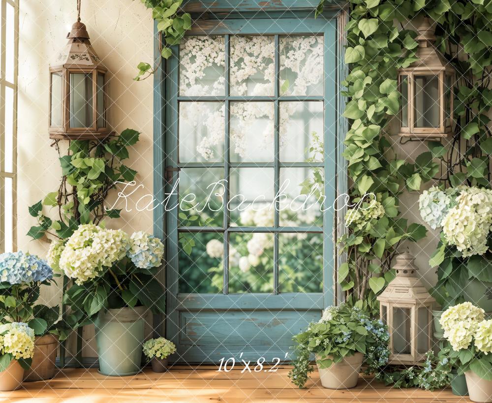 Kate Printemps Fleur Fenêtre Porte Hortensias Toile de fond en Laine conçue par Emetselch - Kate Backdrop FR