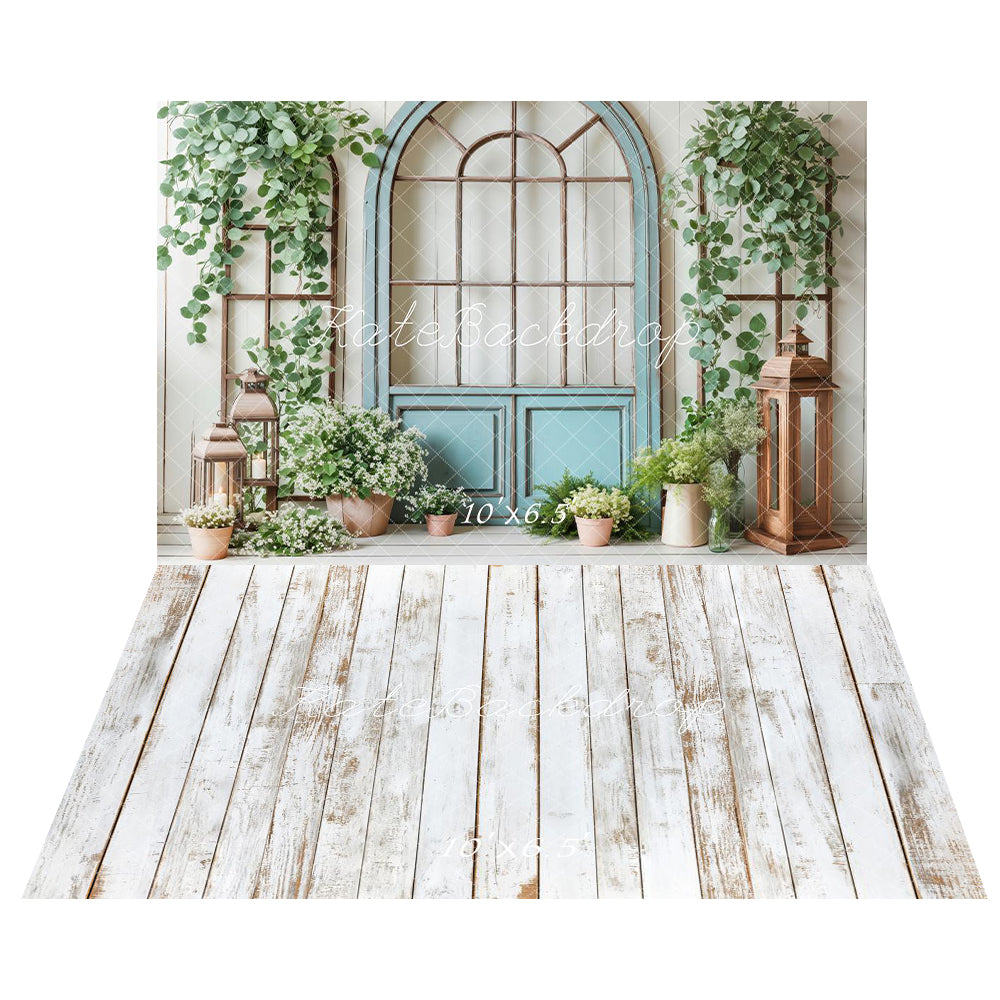 Kate Printemps Porte Bleue Verdure Fleurs Toile de fond+Blanc Rétro Parquet Bois Sol Toile de fond - Kate Backdrop FR