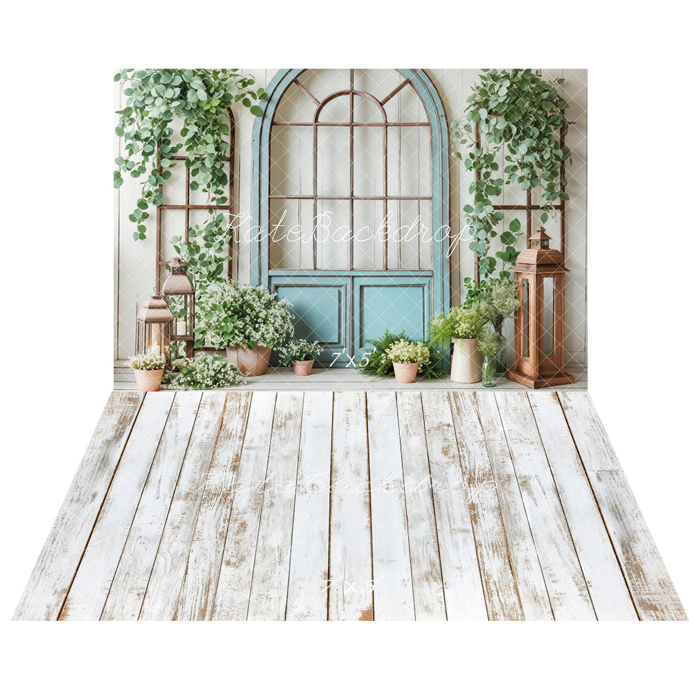 Kate Printemps Porte Bleue Verdure Fleurs Toile de fond+Blanc Rétro Parquet Bois Sol Toile de fond - Kate Backdrop FR