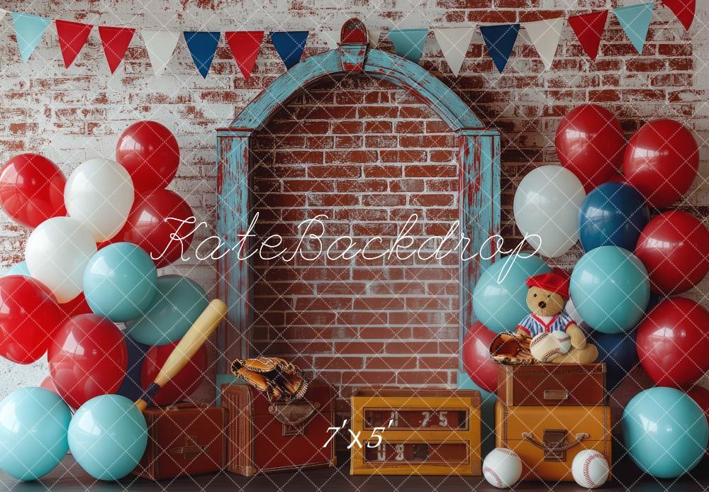 Kate Baseball Ballon Mur de briques Cake Smash Toile de fond conçue par Mini MakeBelieve - Kate Backdrop FR