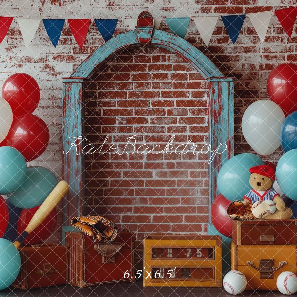 Kate Baseball Ballon Mur de briques Cake Smash Toile de fond conçue par Mini MakeBelieve - Kate Backdrop FR
