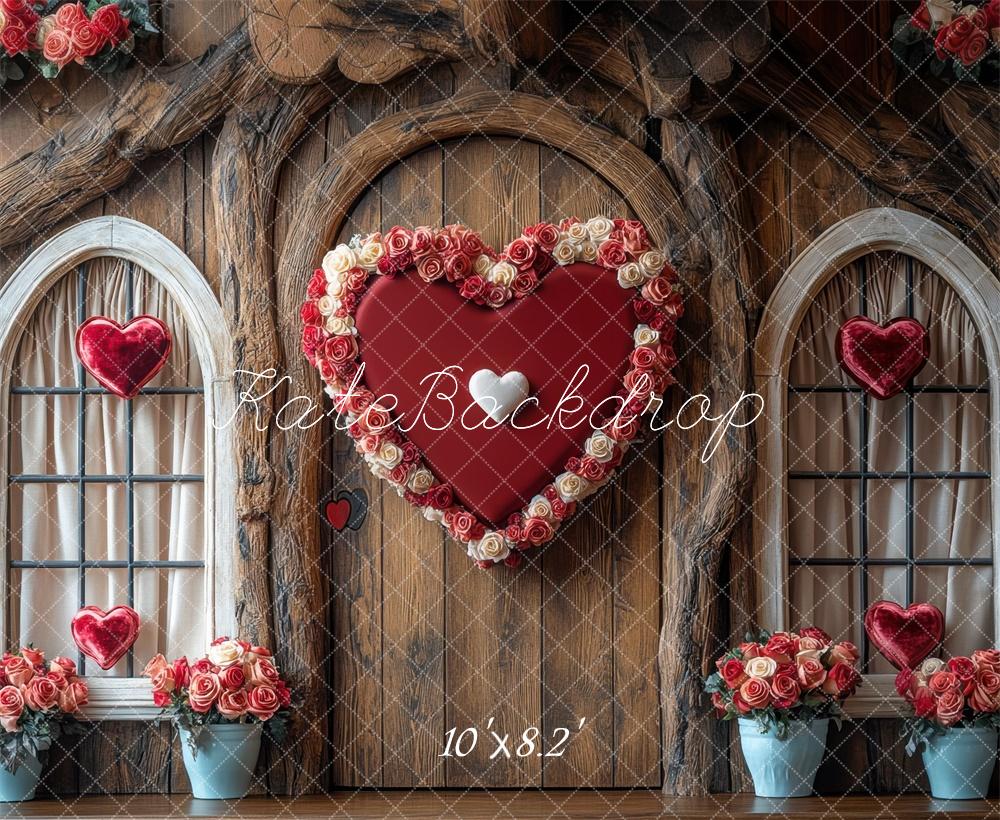 Kate Saint-Valentin Coeur Roses Porte Bois Toile de fond conçue par Mini MakeBelieve - Kate Backdrop FR
