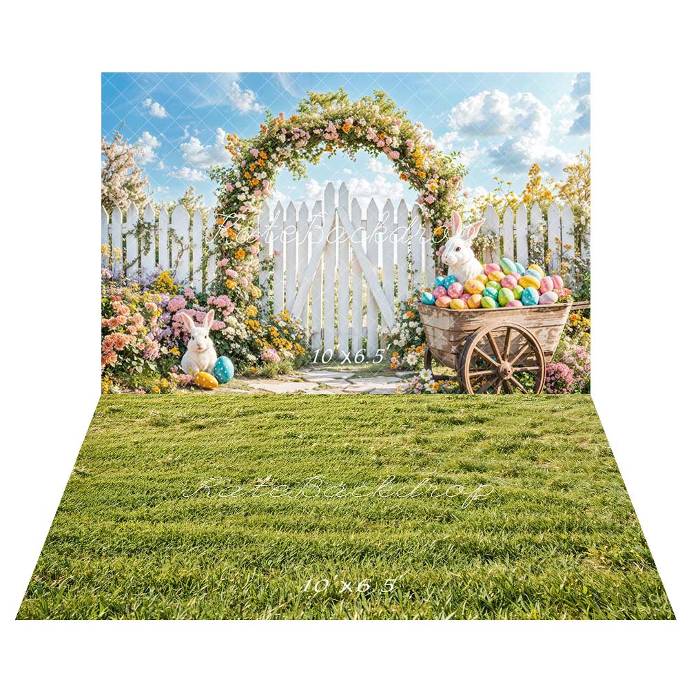 Kate Pâques Lapin Arche de Fleurs Clôture Toile de fond+Printemps Vert Herbe Champ Sol Toile de fond - Kate Backdrop FR