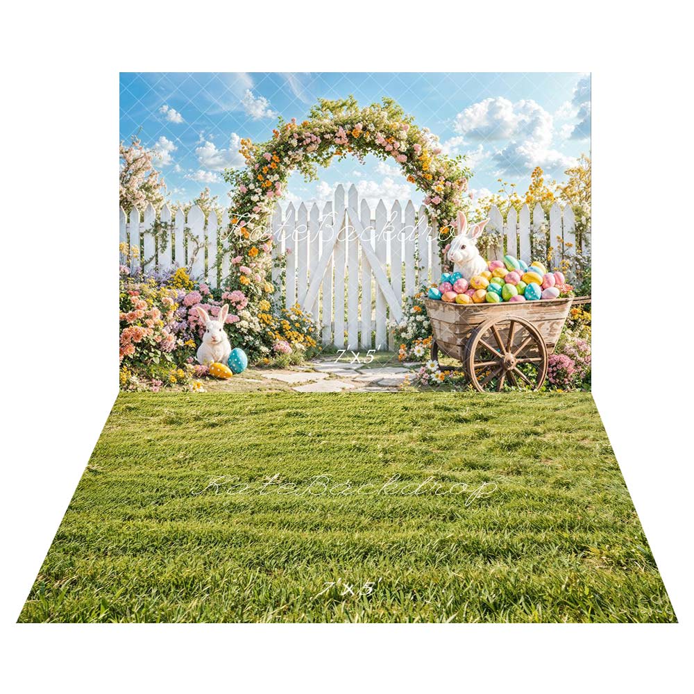 Kate Pâques Lapin Arche de Fleurs Clôture Toile de fond+Printemps Vert Herbe Champ Sol Toile de fond - Kate Backdrop FR